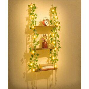 3 Tier Macrame Wall Hanging Shelves Artificial Leaves, Handmade Wooden Floating